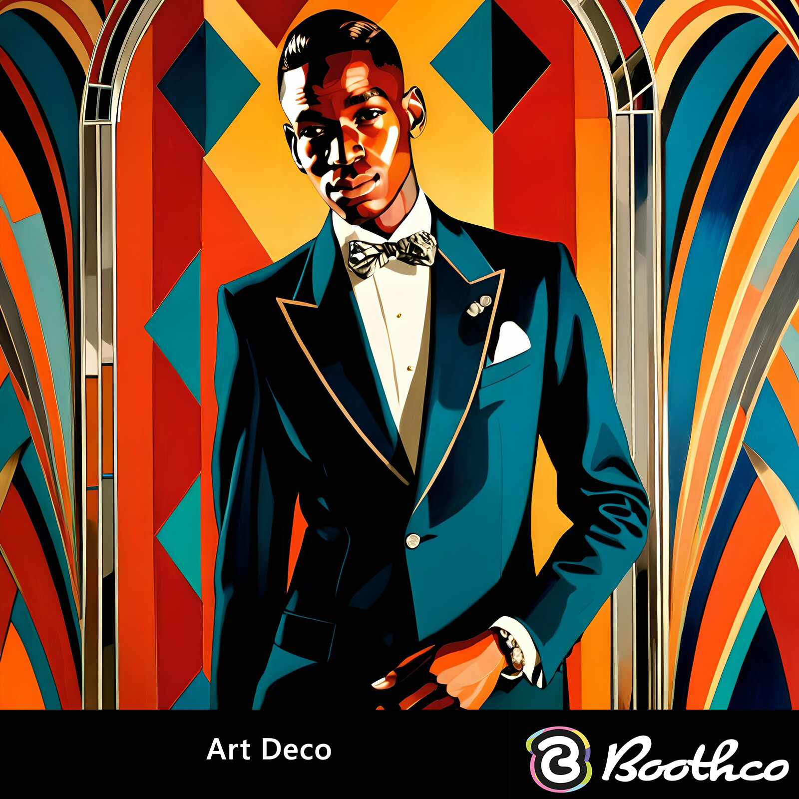 A person in a teal tuxedo stands before a vibrant, geometric Art Deco background with bold orange, blue, and gold shapes.