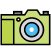 A stylized, light green camera icon with a large, bright blue lens in the center.