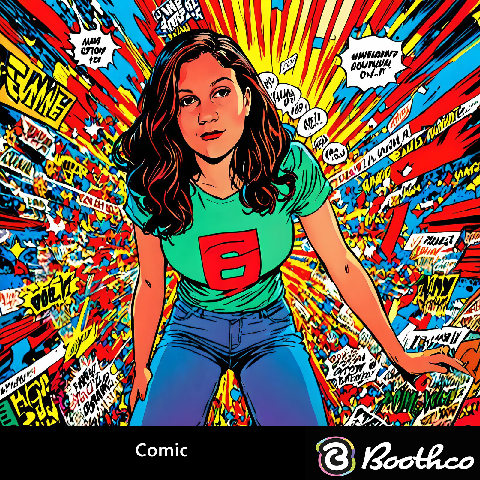 A person wearing a green shirt with a red block design, centered against a vibrant, chaotic comic book-style background.