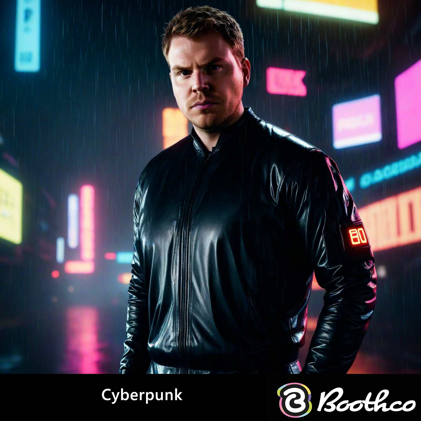 A man in a black leather jacket stands in a rain-slicked city street at night, illuminated by glowing neon signs.