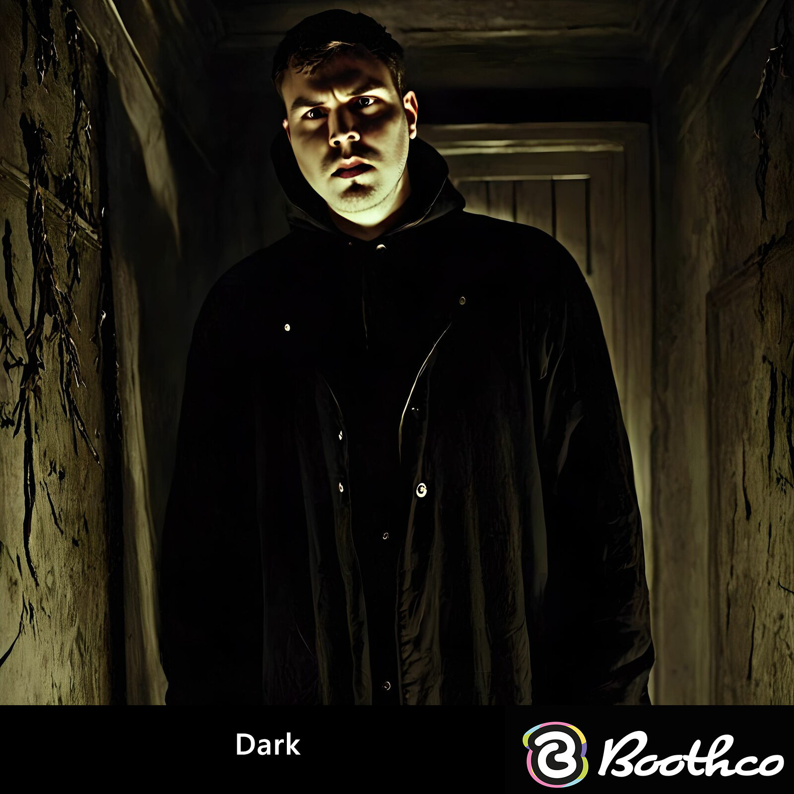 A person in a dark hooded jacket stands in a shadowy hallway with textured, dimly lit walls.