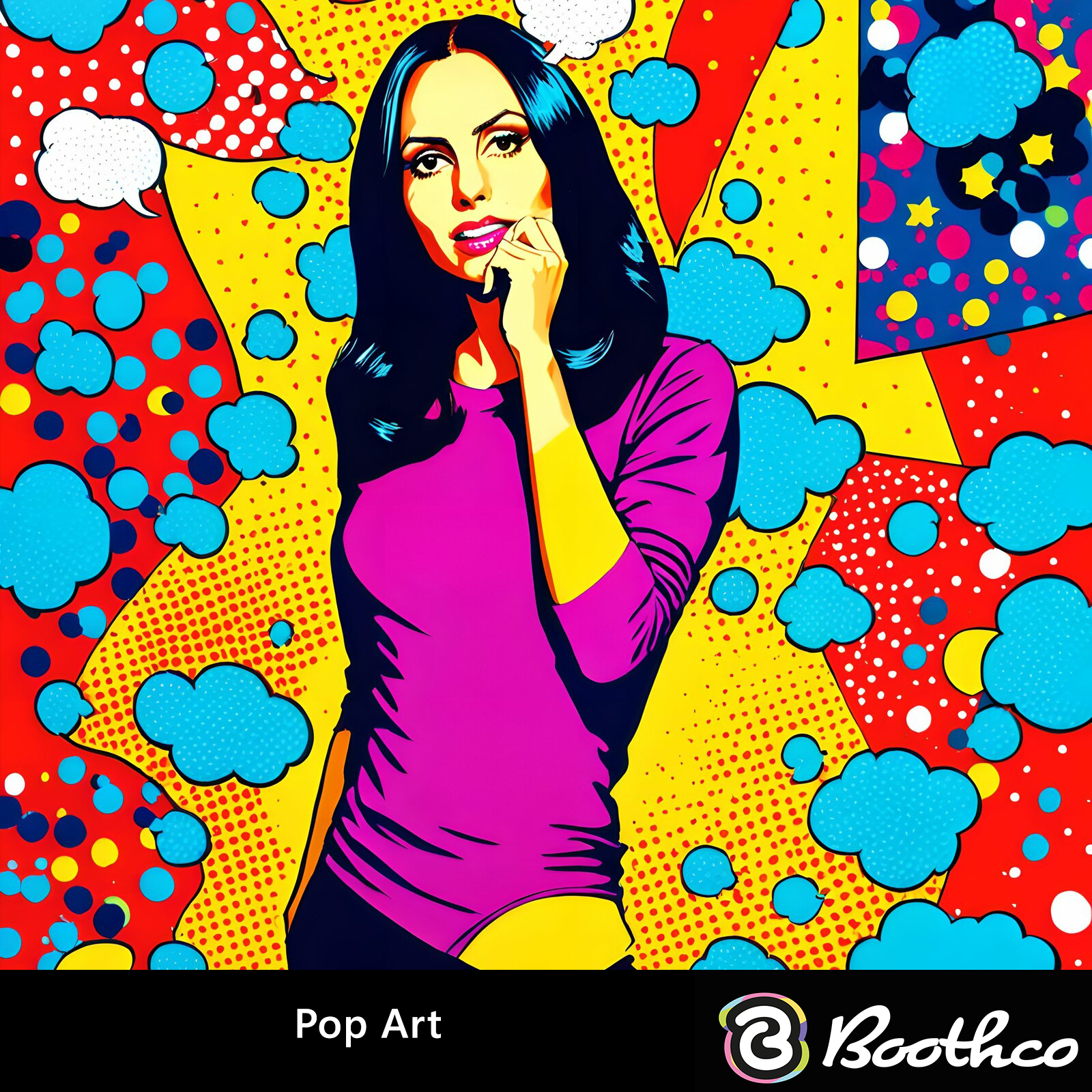 Pop art illustration of a person in a magenta long-sleeved top, set against a vibrant, abstract background of polka dots.