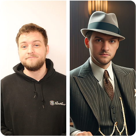 A split-screen comparison: one side shows a man in a black hoodie, the other shows the same man in 1920s formal attire.