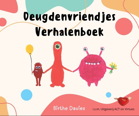 Devgerenvriendjes verhalenboek cover met drie rode monsters op een cr&egrave;mekleurige achtergrond
