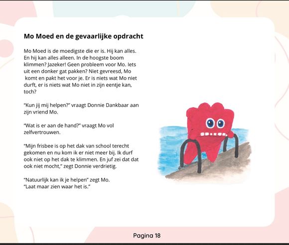 Pagina uit een kinderboek met tekst en een lachend rood hartje op een strandstoel aan het water.