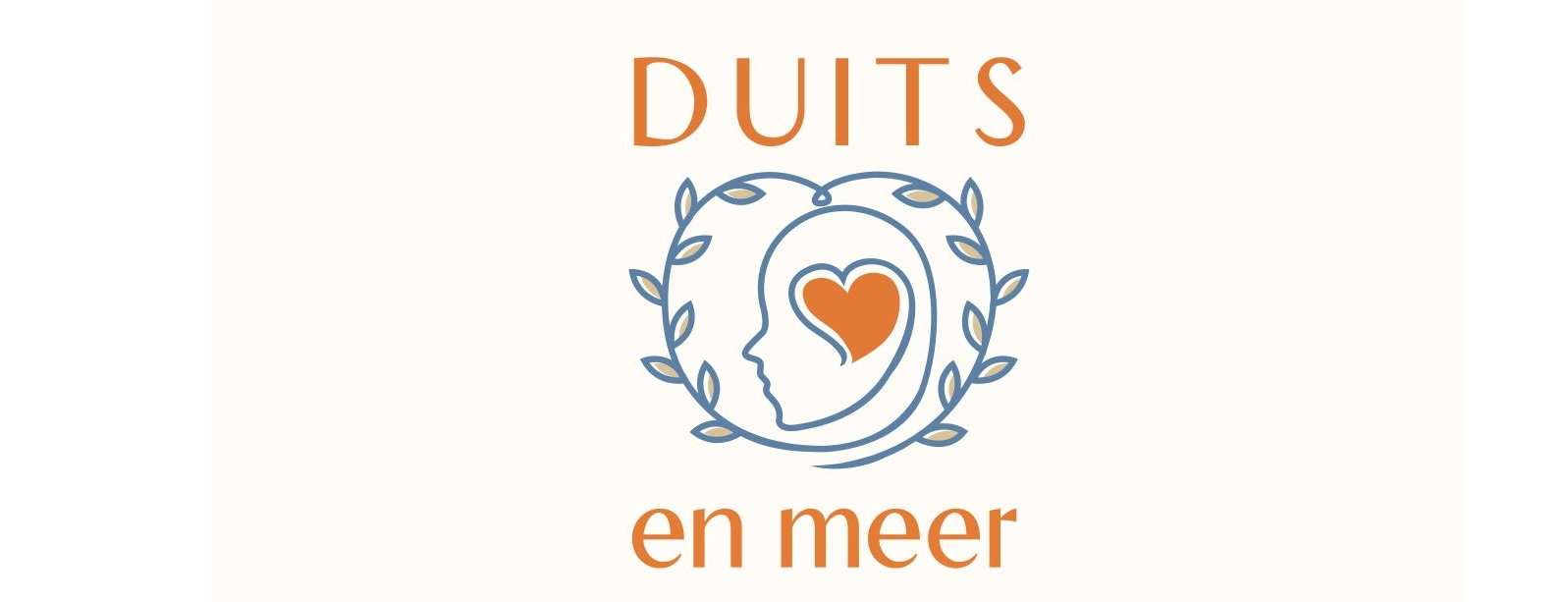 Logo met blauwe krans en oranje hart, tekst "DUITS en meer" op een witte achtergrond.
