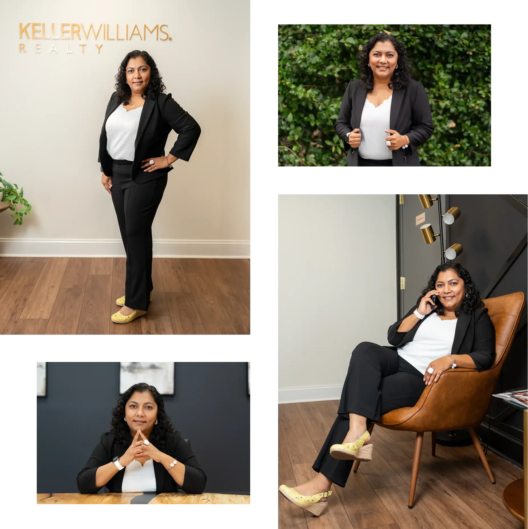 Collage of a woman in a black suit posing in a real estate office and modern interior settings