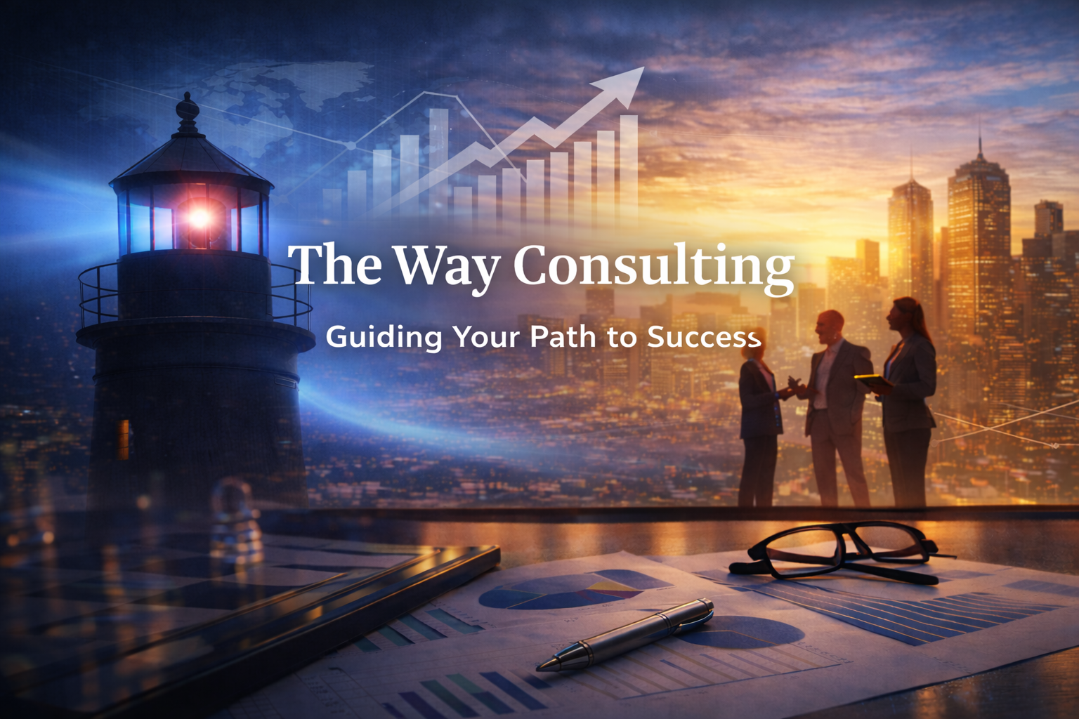 The Way Consulting - Quick Audits • 30-Day Growth Sprints • Monthly Support Lighthouse and figures in front of a city skyline with graphs and documents, company logo