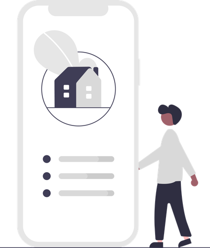 A man is standing in front of a row of houses.