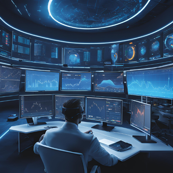 A man is sitting at a desk in front of a bunch of computer monitors.