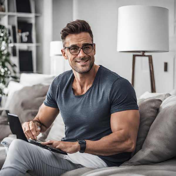A man is sitting on a couch using a laptop computer