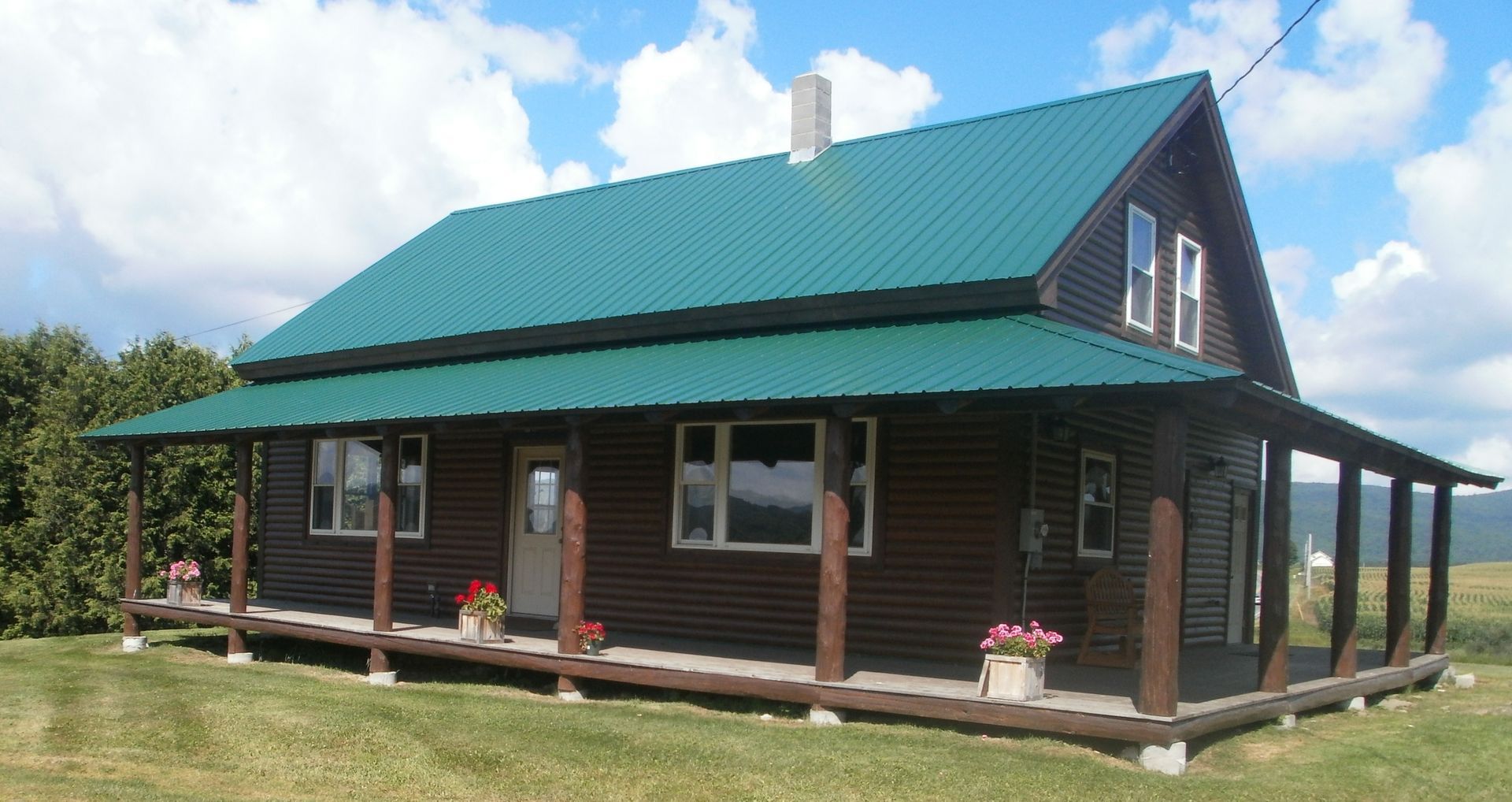 Log Cabin with a green roof
