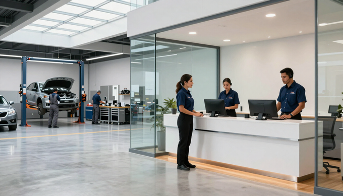 Taller moderno con oficina y área de servicio