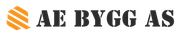 Logo of AE BYGG AS, text with a hexagonal shape with orange stripes.