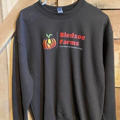 A black sweatshirt with a pumpkin on it is hanging on a hanger.