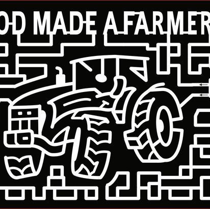 A black and white maze with the words `` made a farmer '' written on it.