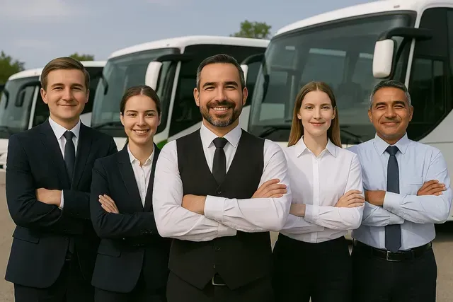 Grupo de cinco empresários em frente a ônibus brancos, braços cruzados, sorrindo.