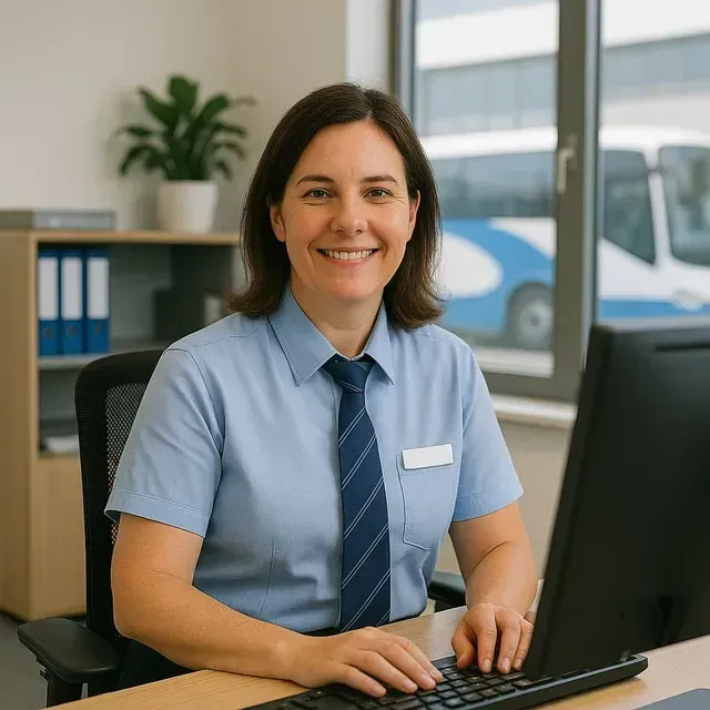 Mulher uniformizada sorrindo, trabalhando em uma mesa com um computador. Ônibus visível ao fundo.