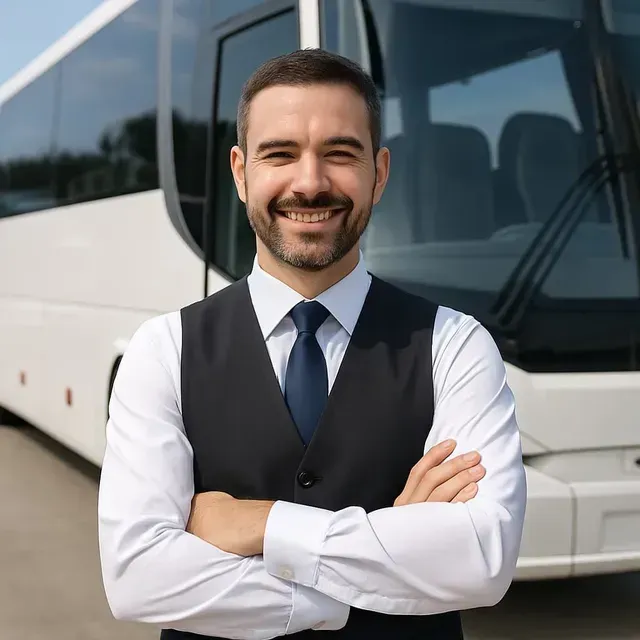 Homem de colete e gravata, com os braços cruzados, sorrindo em frente a um ônibus branco.