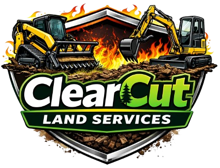 ClearCut Land Services logo with two yellow bulldozers and flames over a shield emblem