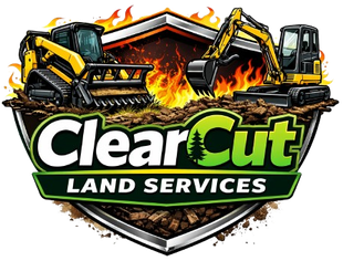 ClearCut Land Services logo with two yellow bulldozers and flames over a shield emblem