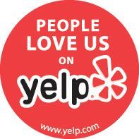 Red Yelp badge reading “People Love Us on Yelp” with website www.yelp.com