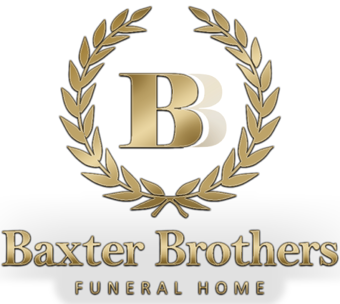 Baxter Brothers Funeral Home logo with gold “B” and laurel wreath