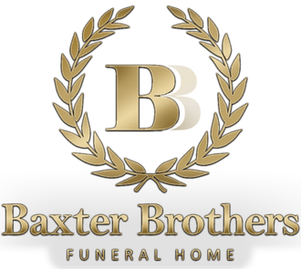 Gold laurel wreath logo with a large “B” and the text “Baxter Brothers Funeral Home”