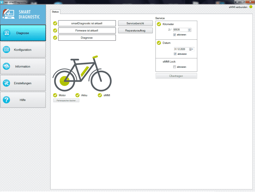 „Smart Diagnostic“ für ein E-Bike zeigt Systemstatus, Verbindungsindikatoren und Motoreinstellungen an.