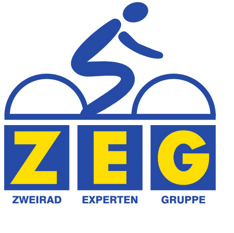 Logo für ZEG (Zweirad-Experten-Gruppe) mit einem Radfahrer-Symbol über gelben Buchstaben auf blauen quadratischen Blöcken.