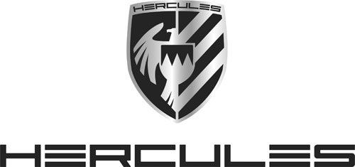 Ein schwarz-weißes Schildlogo mit einem Adler und diagonalen Streifen, darunter das Wort „HERCULES“.