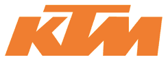 Das orangefarbene KTM-Markenlogo besteht aus fetten, schrägen, serifenlosen Blockbuchstaben.