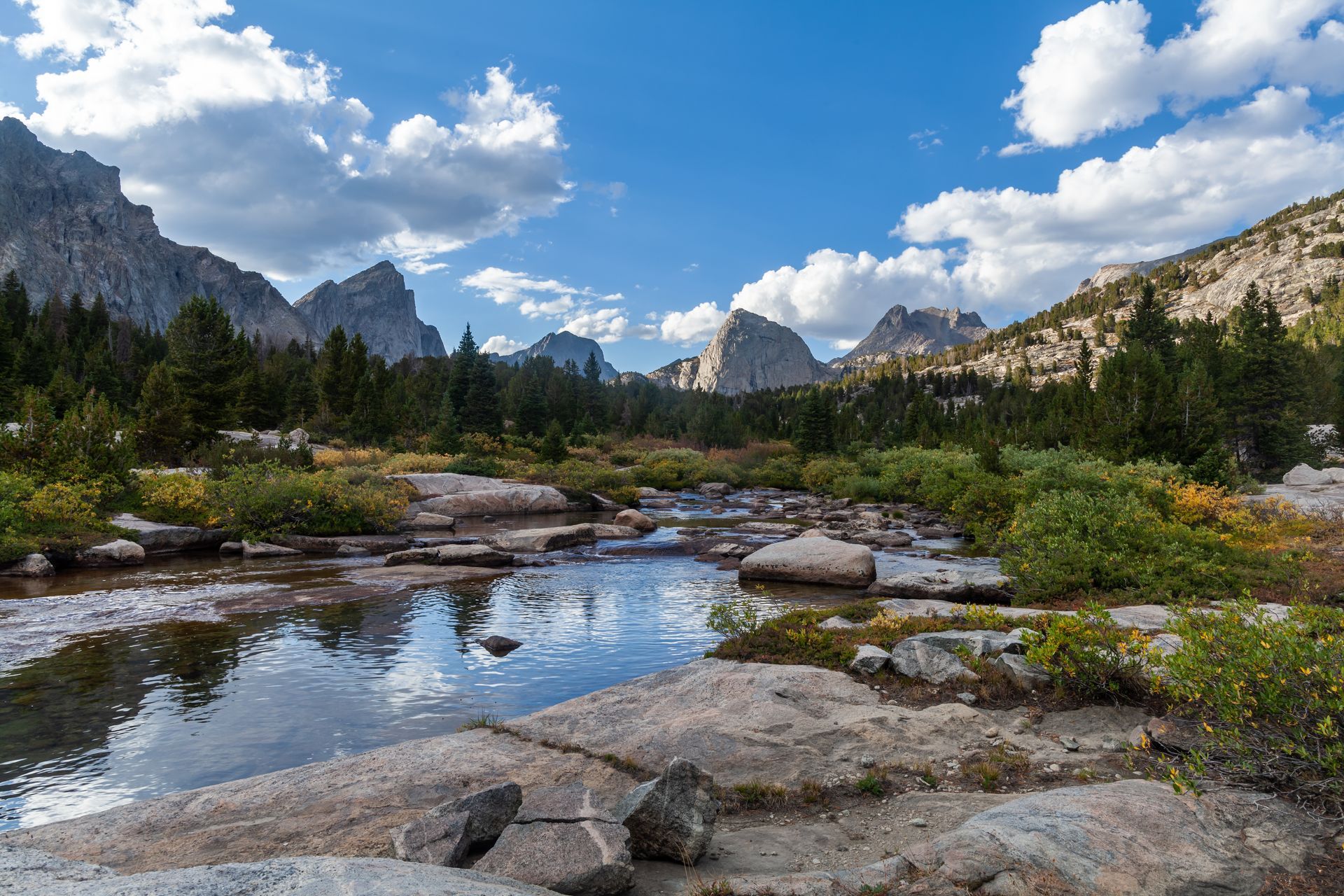 Rocky stream in a mountain valley under a blue sky with fluffy clouds; trees and peaks in the background.