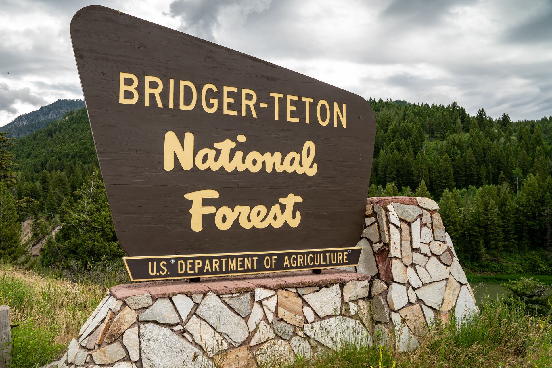 Bridger-Teton National Forest sign in brown and tan, with forest backdrop.