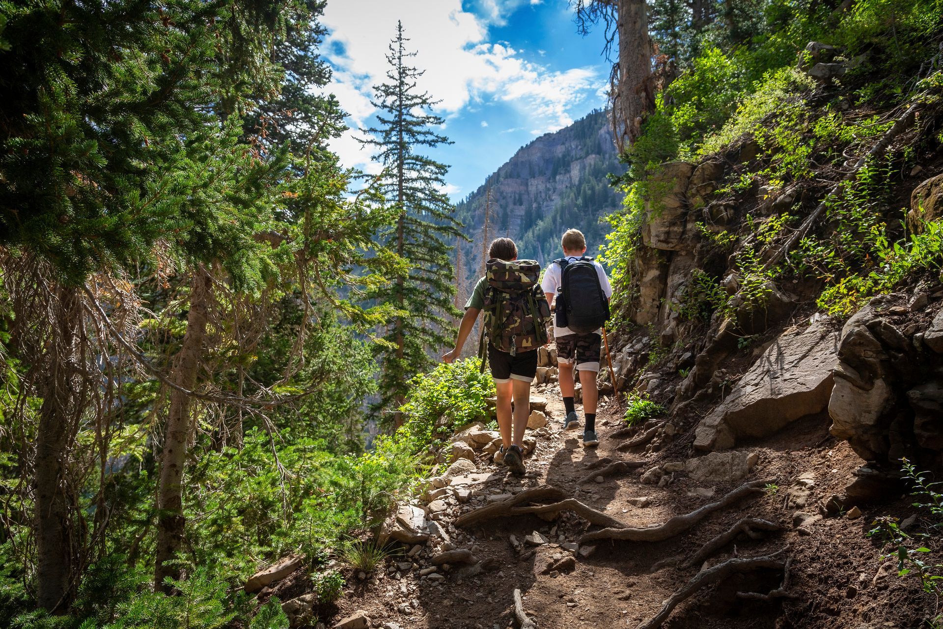 Two people hiking on a narrow mountain trail lined with trees and greenery, rocky cliffside in background.