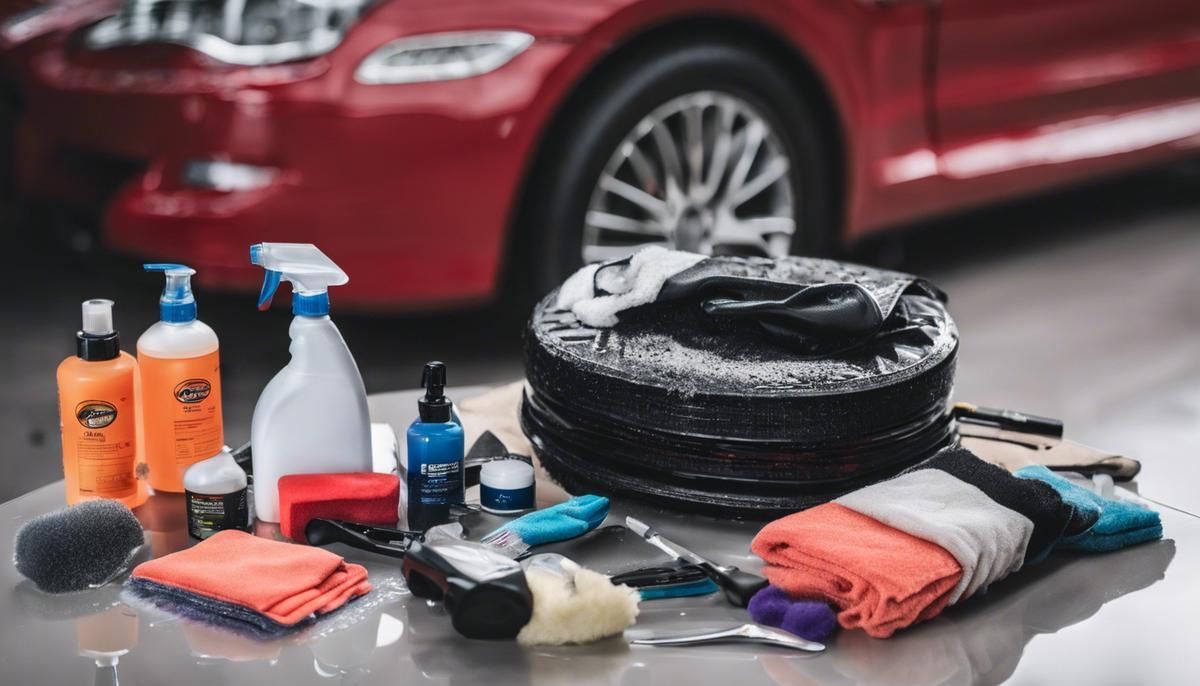 A table topped with cleaning supplies and a red car in the background.