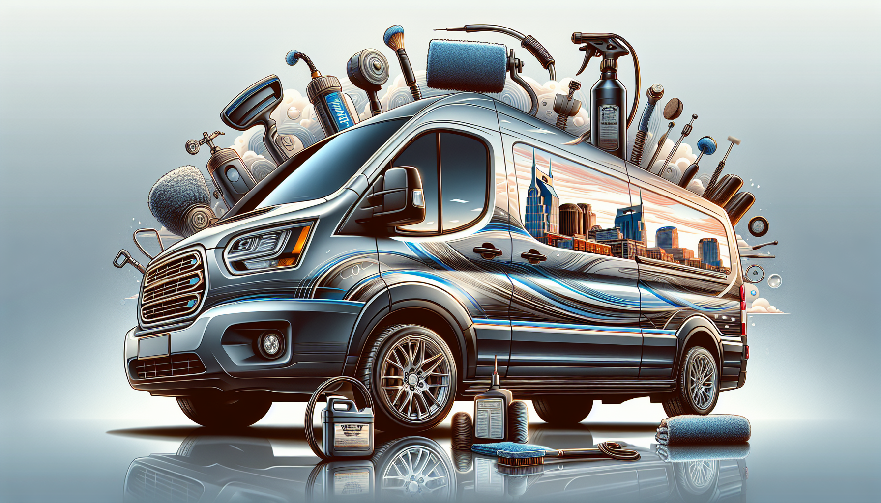 A van is surrounded by tools and a city.