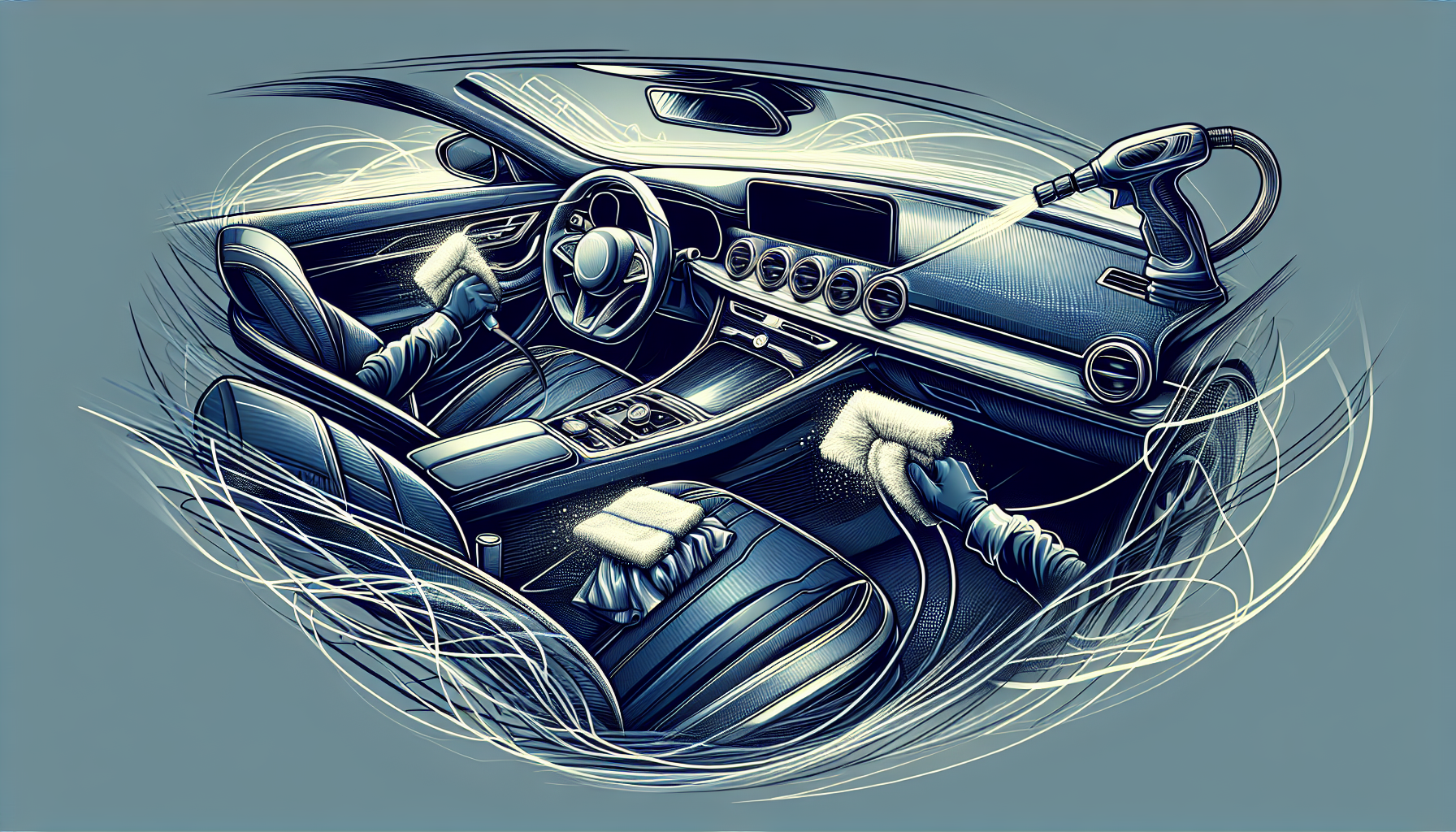 A drawing of the interior of a car on a blue background