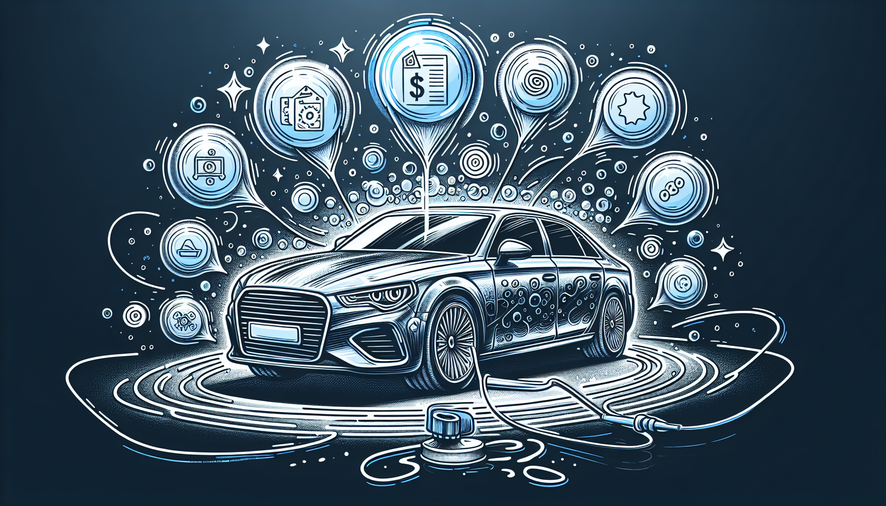 A car is surrounded by speech bubbles and icons on a blue background.