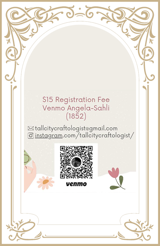 Decorative registration fee flyer with ornate gold border, contact info, QR code, and small flower illustrations