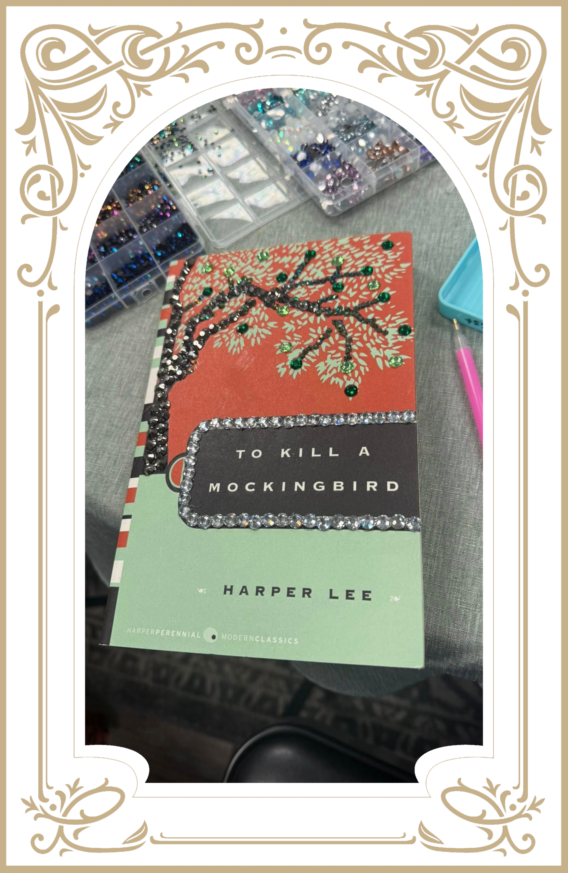Decorative book cover with red, mint, and black design reading “To Kill a Mockingbird” by Harper Lee