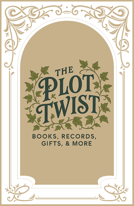 Decorative bookstore sign reading “The Plot Twist” with gold trim and beige background, “Books, Records, Gifts, & More”