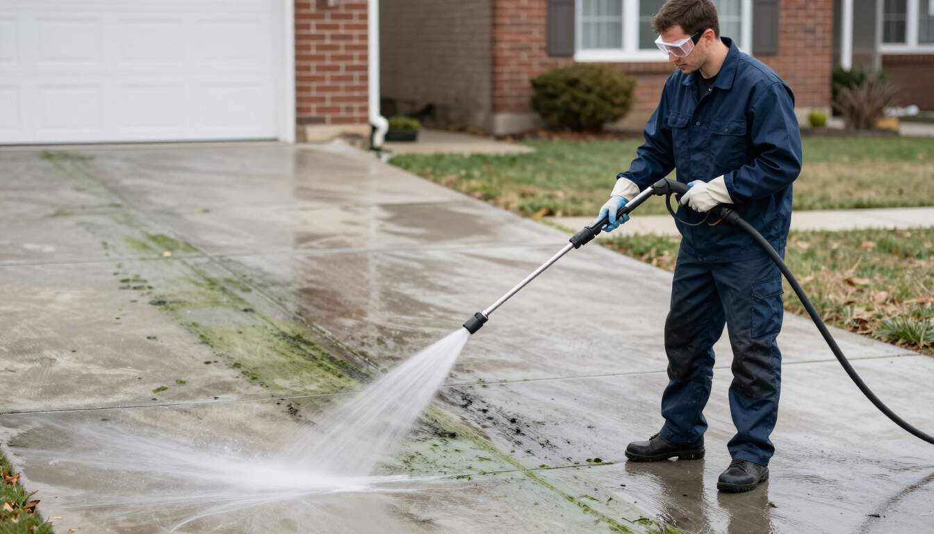 Technician cleaning a mold-streaked driveway