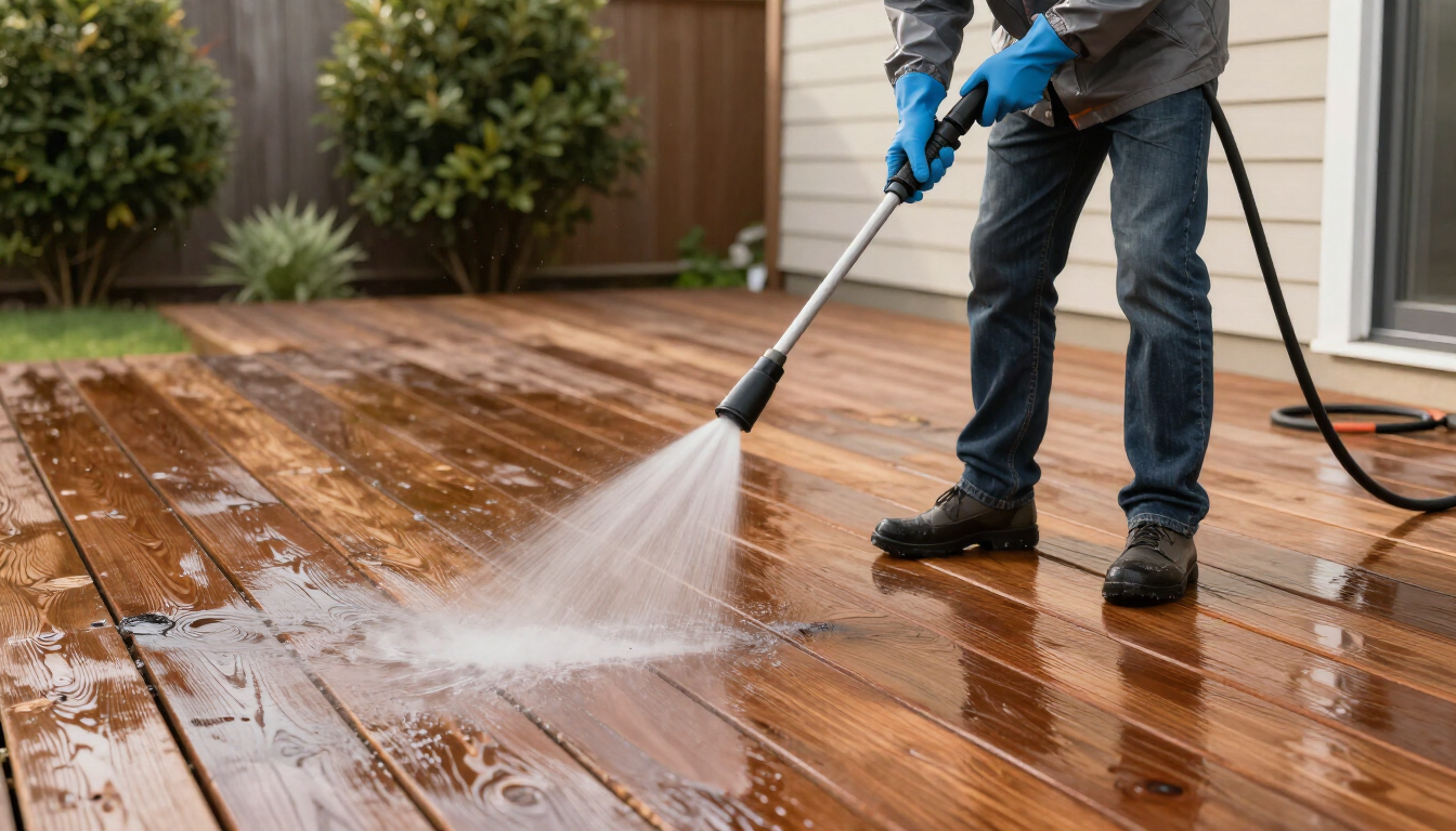 Technician rinsing a wood deck