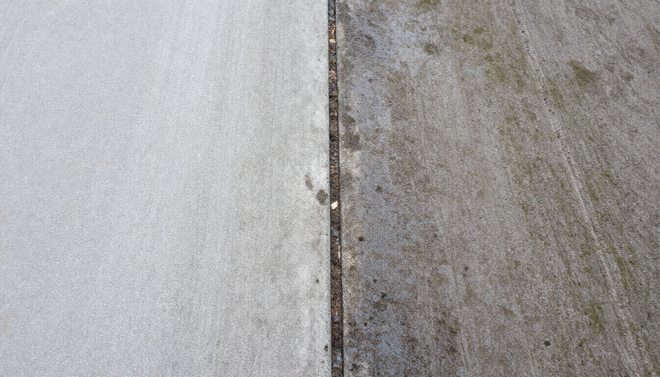 Close-up of clean versus dirty concrete walkway