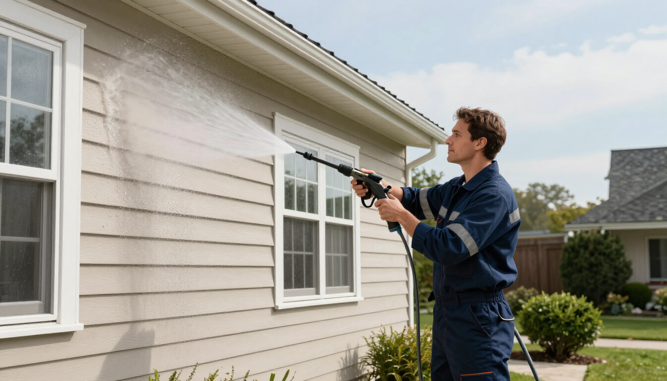 Technician soft washing a house exterior