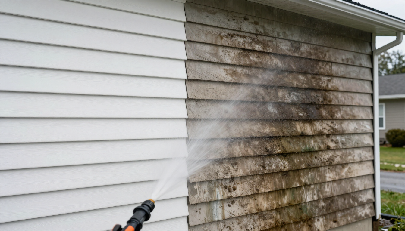 Clean versus dirty house siding contrast