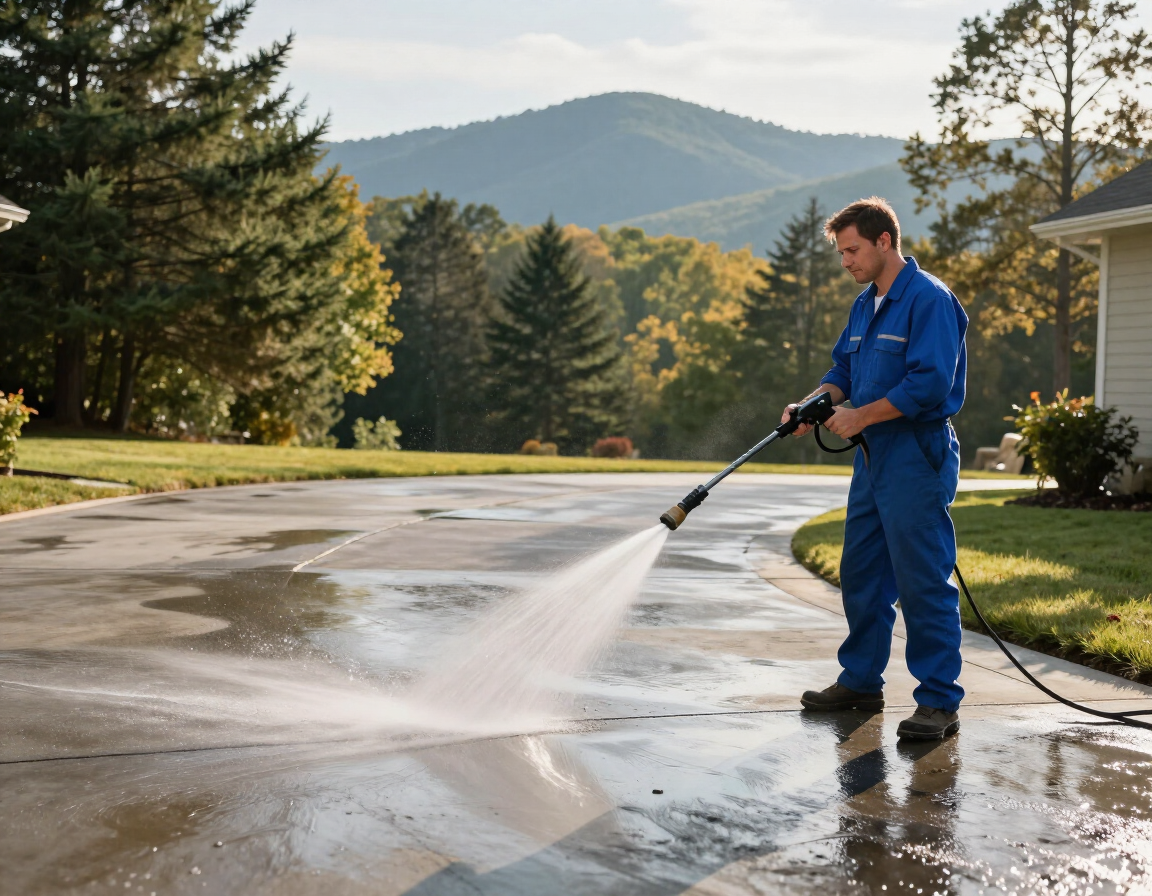 Technician pressure washing a stained concrete driveway in Asheville, NC