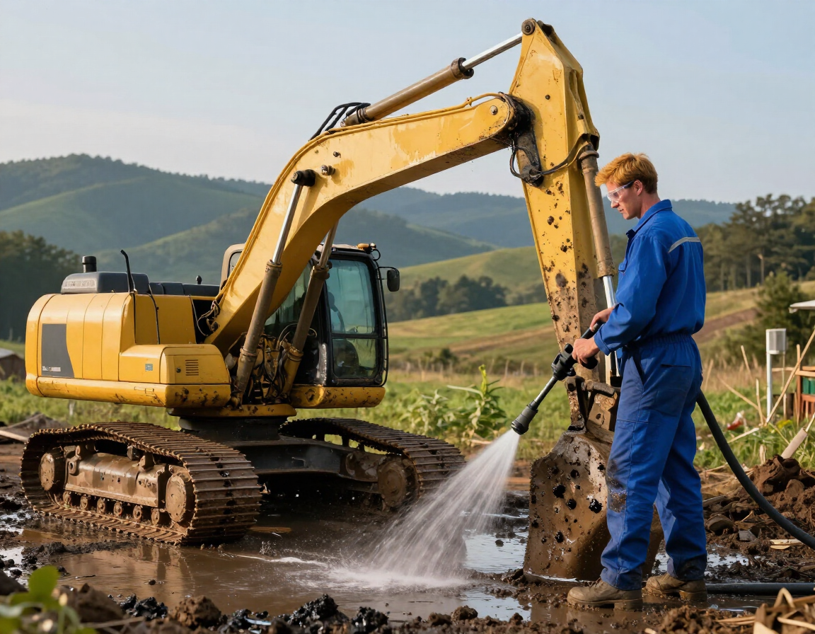 Technician pressure washing a mud and grease caked excavator