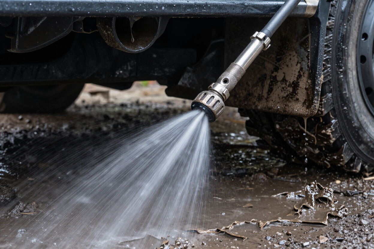 Pressure washer nozzle lifting grease from equipment undercarriage